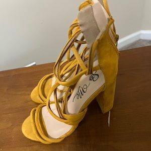 yellow wrap block heel